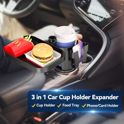 Car Cup Holder Expander - 3 in 1 Cup Holder Adapter with Adjustable Base - Detachable Phone Holder & 360° Rotation Food Tray for Car - Compatible with Vehicles, Car, Road Trip Essentials