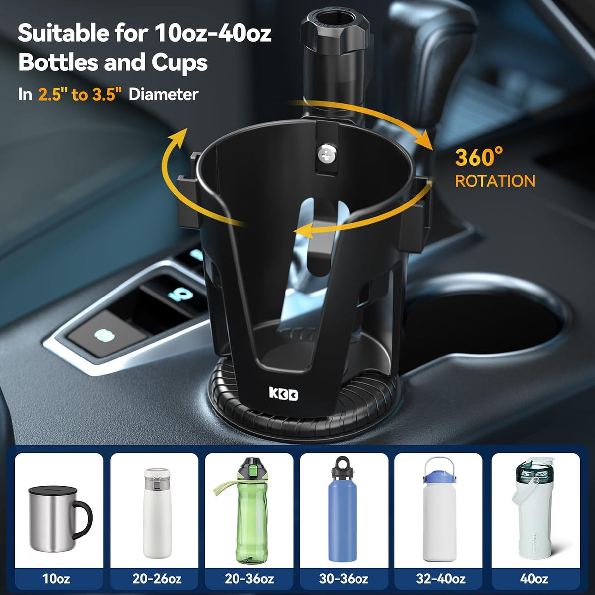 Car Cup Holder Expander - 3 in 1 Cup Holder Adapter with Adjustable Base - Detachable Phone Holder & 360° Rotation Food Tray for Car - Compatible with Vehicles, Car, Road Trip Essentials
