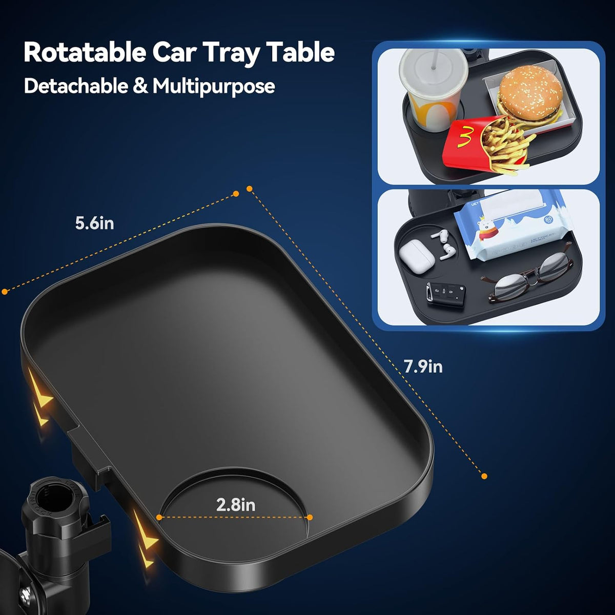 Car Cup Holder Expander - 3 in 1 Cup Holder Adapter with Adjustable Base - Detachable Phone Holder & 360° Rotation Food Tray for Car - Compatible with Vehicles, Car, Road Trip Essentials