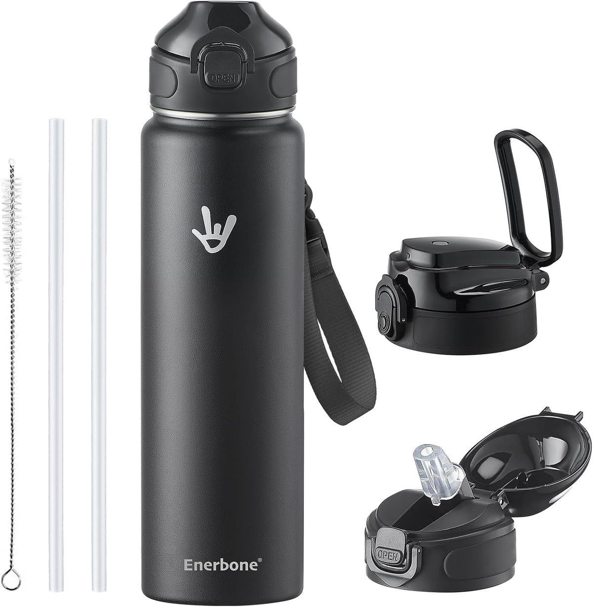 32 oz Insulated Water Bottle, Stainless Steel Bottle with Carrying Strap, Double-Wall Vacuum Insulation Design, Leakproof Sports Bottle with Straw, Keep Drinks Cold or Hot for Hours