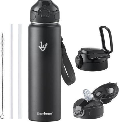 32 oz Insulated Water Bottle, Stainless Steel Bottle with Carrying Strap, Double-Wall Vacuum Insulation Design, Leakproof Sports Bottle with Straw, Keep Drinks Cold or Hot for Hours