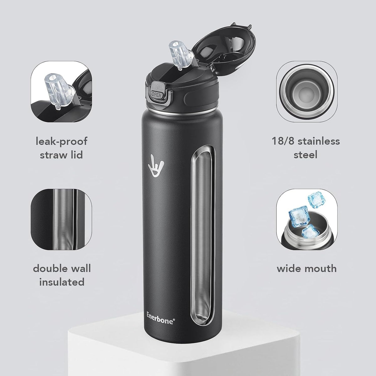 32 oz Insulated Water Bottle, Stainless Steel Bottle with Carrying Strap, Double-Wall Vacuum Insulation Design, Leakproof Sports Bottle with Straw, Keep Drinks Cold or Hot for Hours
