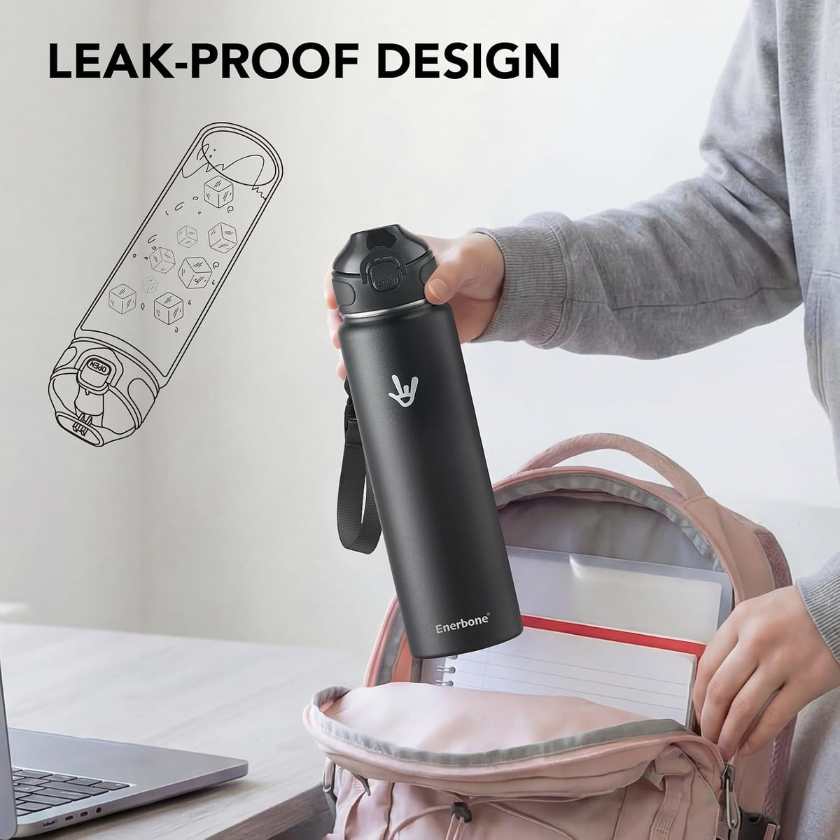 32 oz Insulated Water Bottle, Stainless Steel Bottle with Carrying Strap, Double-Wall Vacuum Insulation Design, Leakproof Sports Bottle with Straw, Keep Drinks Cold or Hot for Hours