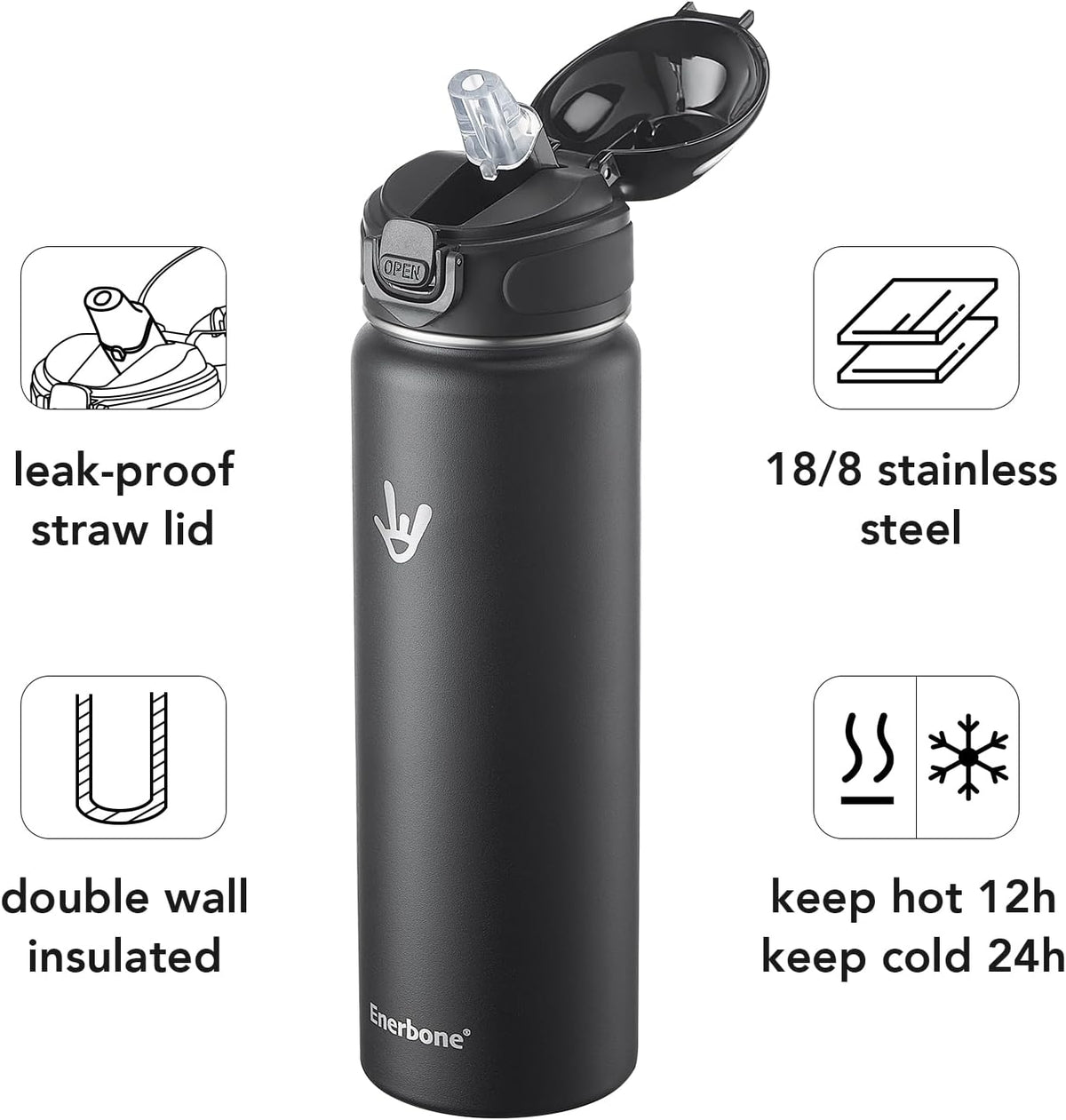 32 oz Insulated Water Bottle, Stainless Steel Bottle with Carrying Strap, Double-Wall Vacuum Insulation Design, Leakproof Sports Bottle with Straw, Keep Drinks Cold or Hot for Hours