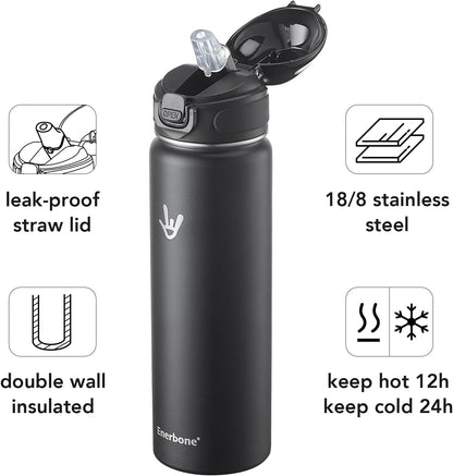 32 oz Insulated Water Bottle, Stainless Steel Bottle with Carrying Strap, Double-Wall Vacuum Insulation Design, Leakproof Sports Bottle with Straw, Keep Drinks Cold or Hot for Hours
