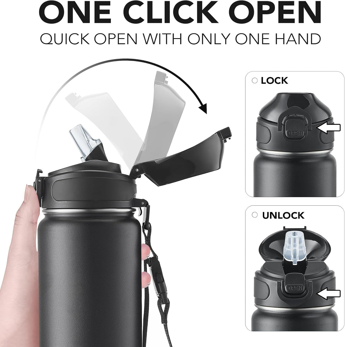 32 oz Insulated Water Bottle, Stainless Steel Bottle with Carrying Strap, Double-Wall Vacuum Insulation Design, Leakproof Sports Bottle with Straw, Keep Drinks Cold or Hot for Hours