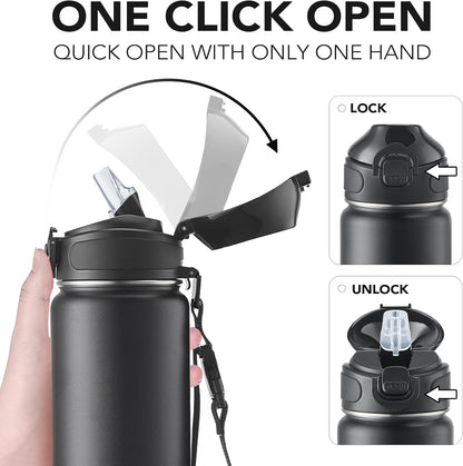 32 oz Insulated Water Bottle, Stainless Steel Bottle with Carrying Strap, Double-Wall Vacuum Insulation Design, Leakproof Sports Bottle with Straw, Keep Drinks Cold or Hot for Hours