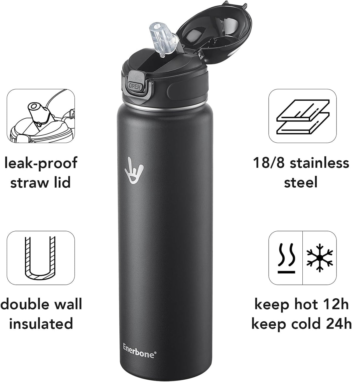 32 oz Insulated Water Bottle, Stainless Steel Bottle with Carrying Strap, Double-Wall Vacuum Insulation Design, Leakproof Sports Bottle with Straw, Keep Drinks Cold or Hot for Hours