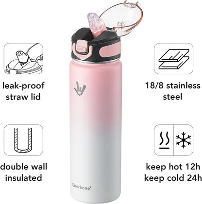 32 oz Insulated Water Bottle, Stainless Steel Bottle with Carrying Strap, Double-Wall Vacuum Insulation Design, Leakproof Sports Bottle with Straw, Keep Drinks Cold or Hot for Hours