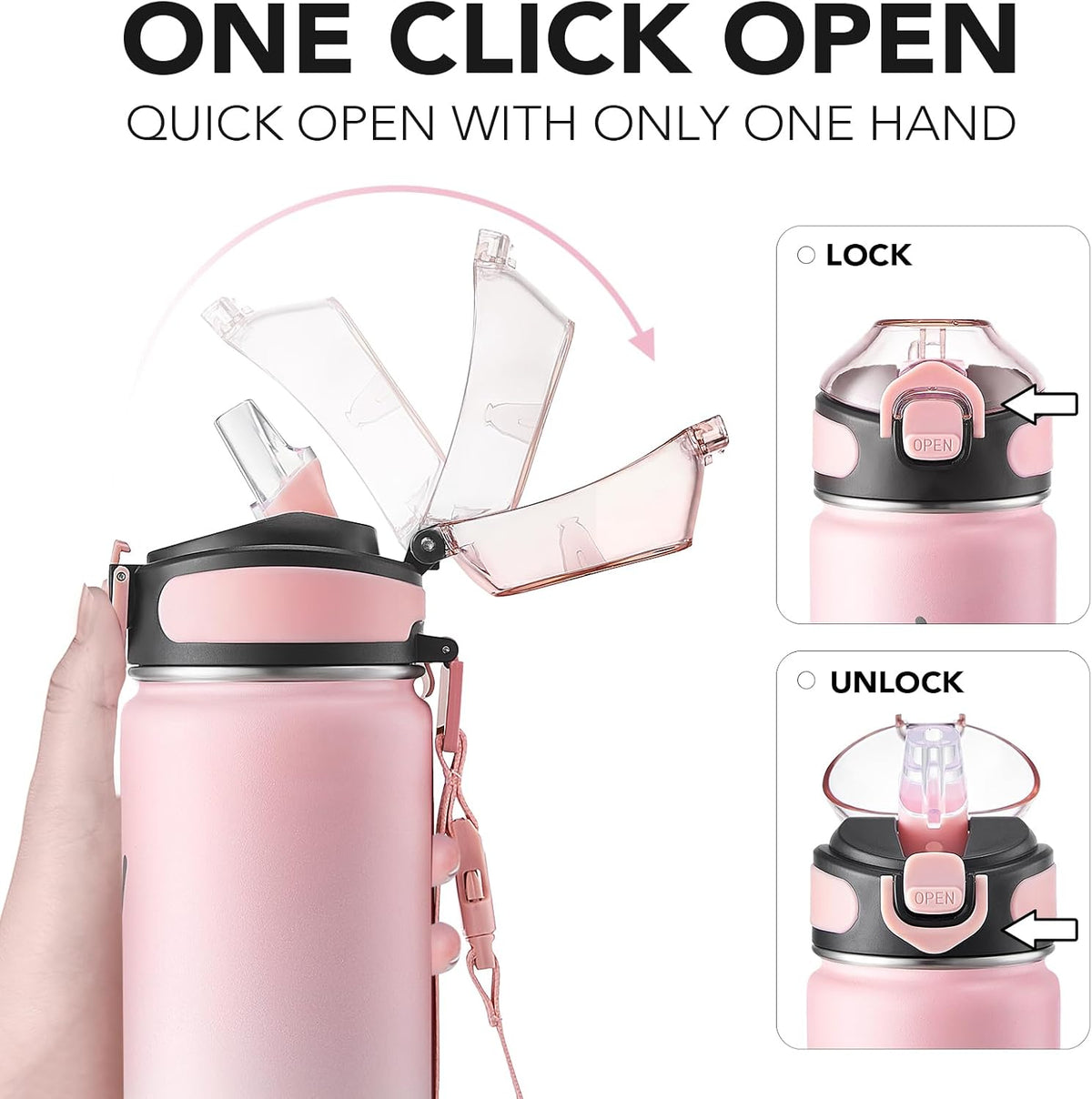 32 oz Insulated Water Bottle, Stainless Steel Bottle with Carrying Strap, Double-Wall Vacuum Insulation Design, Leakproof Sports Bottle with Straw, Keep Drinks Cold or Hot for Hours