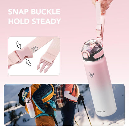 32 oz Insulated Water Bottle, Stainless Steel Bottle with Carrying Strap, Double-Wall Vacuum Insulation Design, Leakproof Sports Bottle with Straw, Keep Drinks Cold or Hot for Hours