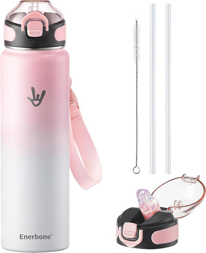 32 oz Insulated Water Bottle, Stainless Steel Bottle with Carrying Strap, Double-Wall Vacuum Insulation Design, Leakproof Sports Bottle with Straw, Keep Drinks Cold or Hot for Hours