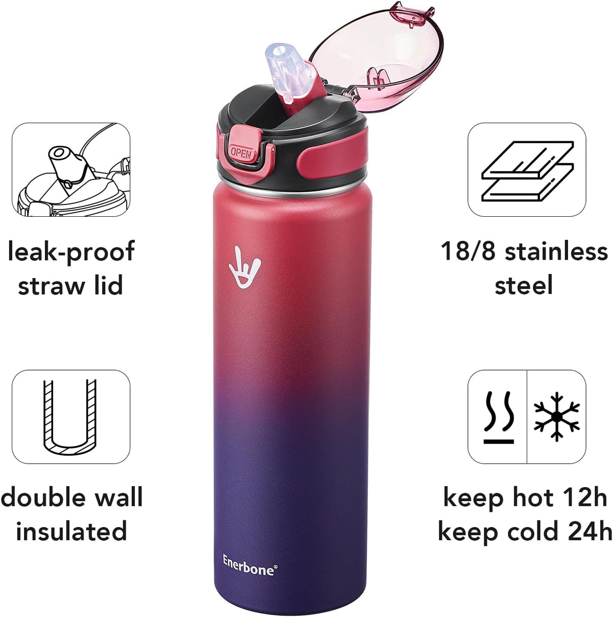 32 oz Insulated Water Bottle, Stainless Steel Bottle with Carrying Strap, Double-Wall Vacuum Insulation Design, Leakproof Sports Bottle with Straw, Keep Drinks Cold or Hot for Hours