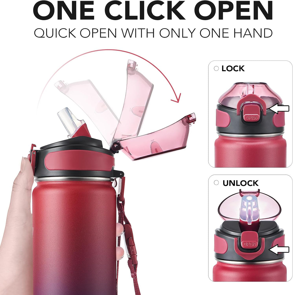 32 oz Insulated Water Bottle, Stainless Steel Bottle with Carrying Strap, Double-Wall Vacuum Insulation Design, Leakproof Sports Bottle with Straw, Keep Drinks Cold or Hot for Hours