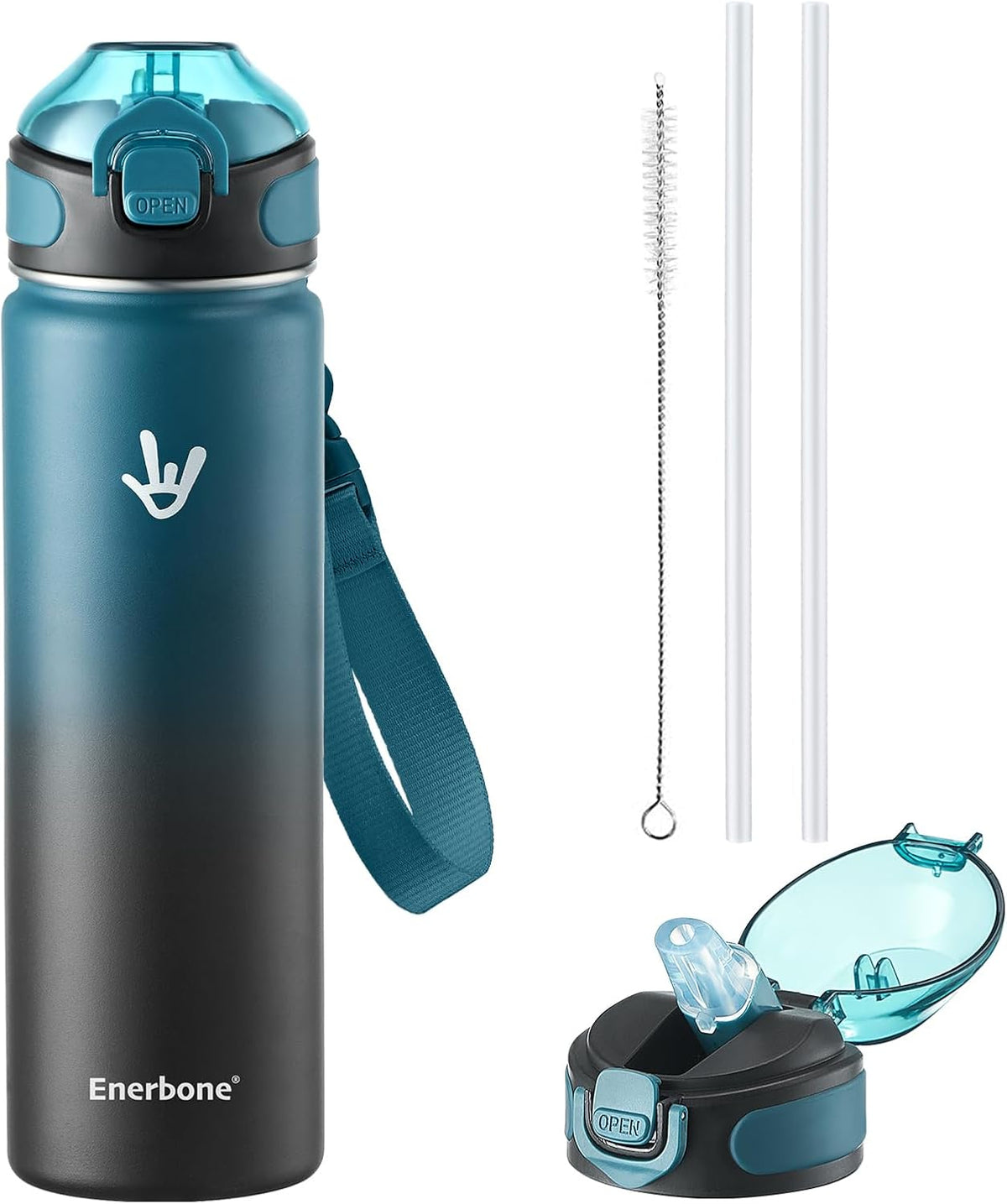 32 oz Insulated Water Bottle, Stainless Steel Bottle with Carrying Strap, Double-Wall Vacuum Insulation Design, Leakproof Sports Bottle with Straw, Keep Drinks Cold or Hot for Hours