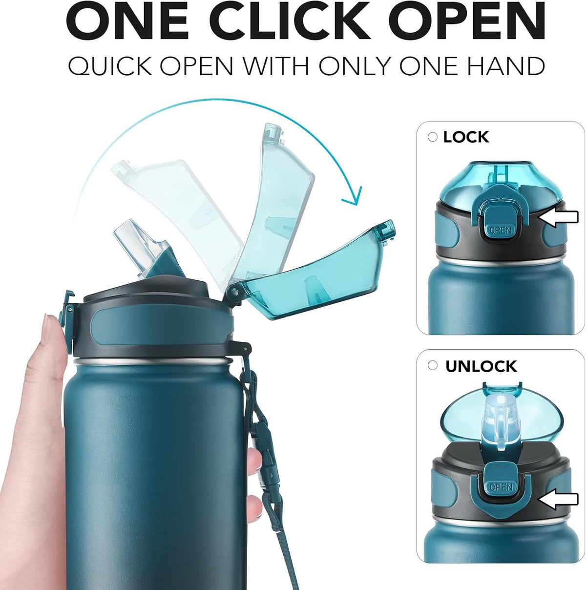 32 oz Insulated Water Bottle, Stainless Steel Bottle with Carrying Strap, Double-Wall Vacuum Insulation Design, Leakproof Sports Bottle with Straw, Keep Drinks Cold or Hot for Hours