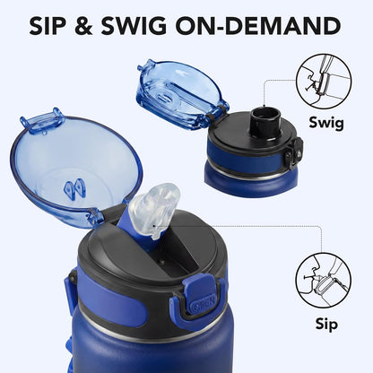 32 oz Insulated Water Bottle, Stainless Steel Bottle with Carrying Strap, Double-Wall Vacuum Insulation Design, Leakproof Sports Bottle with Straw, Keep Drinks Cold or Hot for Hours