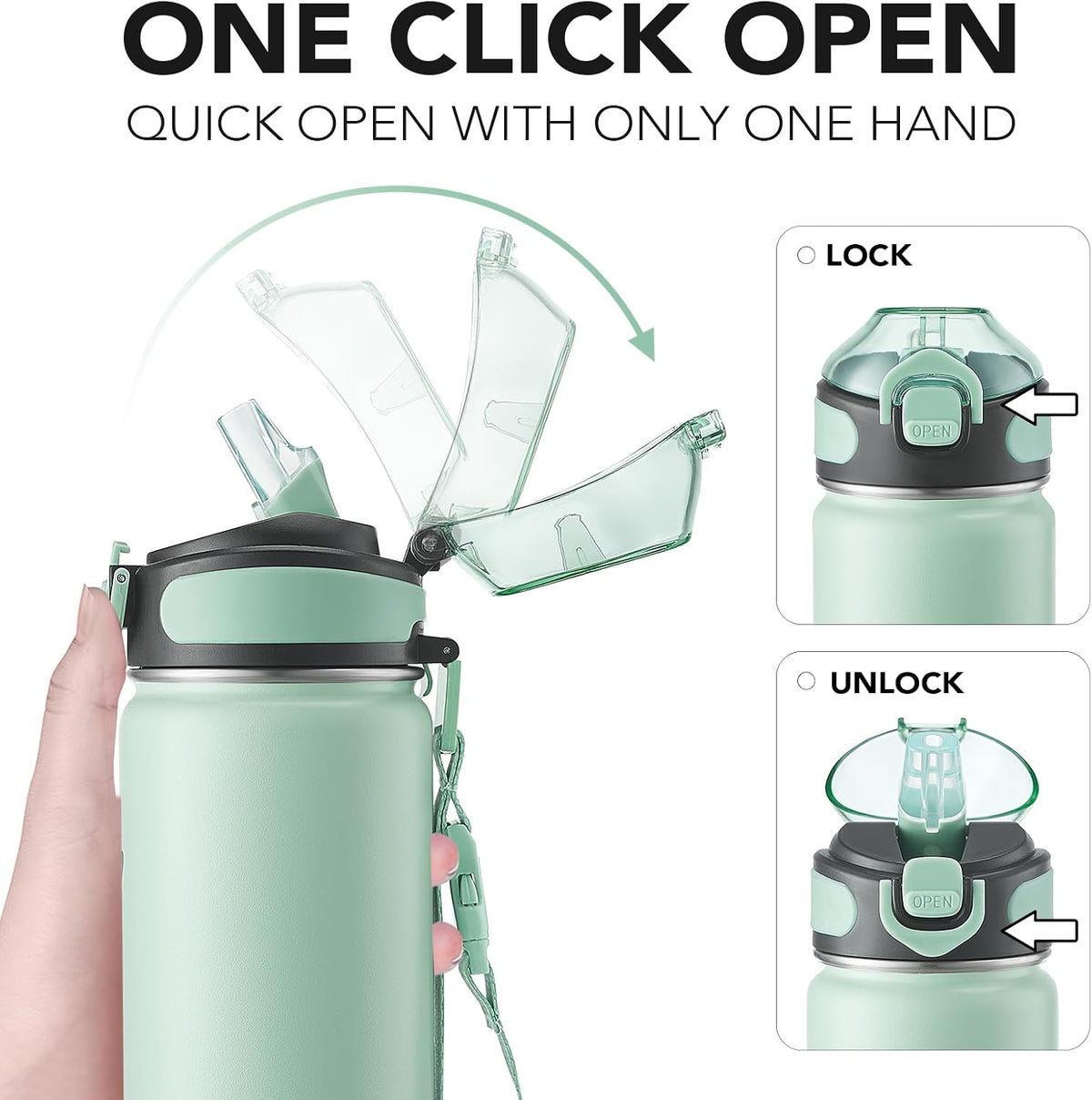 32 oz Insulated Water Bottle, Stainless Steel Bottle with Carrying Strap, Double-Wall Vacuum Insulation Design, Leakproof Sports Bottle with Straw, Keep Drinks Cold or Hot for Hours
