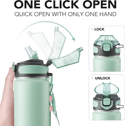 32 oz Insulated Water Bottle, Stainless Steel Bottle with Carrying Strap, Double-Wall Vacuum Insulation Design, Leakproof Sports Bottle with Straw, Keep Drinks Cold or Hot for Hours