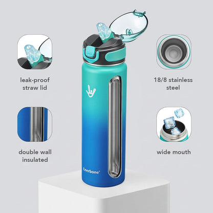 32 oz Insulated Water Bottle, Stainless Steel Bottle with Carrying Strap, Double-Wall Vacuum Insulation Design, Leakproof Sports Bottle with Straw, Keep Drinks Cold or Hot for Hours