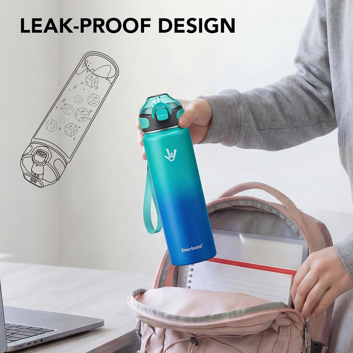 32 oz Insulated Water Bottle, Stainless Steel Bottle with Carrying Strap, Double-Wall Vacuum Insulation Design, Leakproof Sports Bottle with Straw, Keep Drinks Cold or Hot for Hours