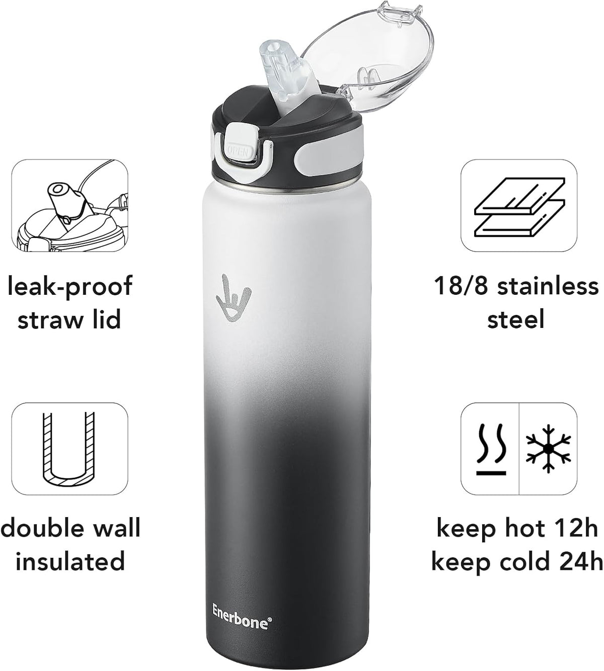 32 oz Insulated Water Bottle, Stainless Steel Bottle with Carrying Strap, Double-Wall Vacuum Insulation Design, Leakproof Sports Bottle with Straw, Keep Drinks Cold or Hot for Hours