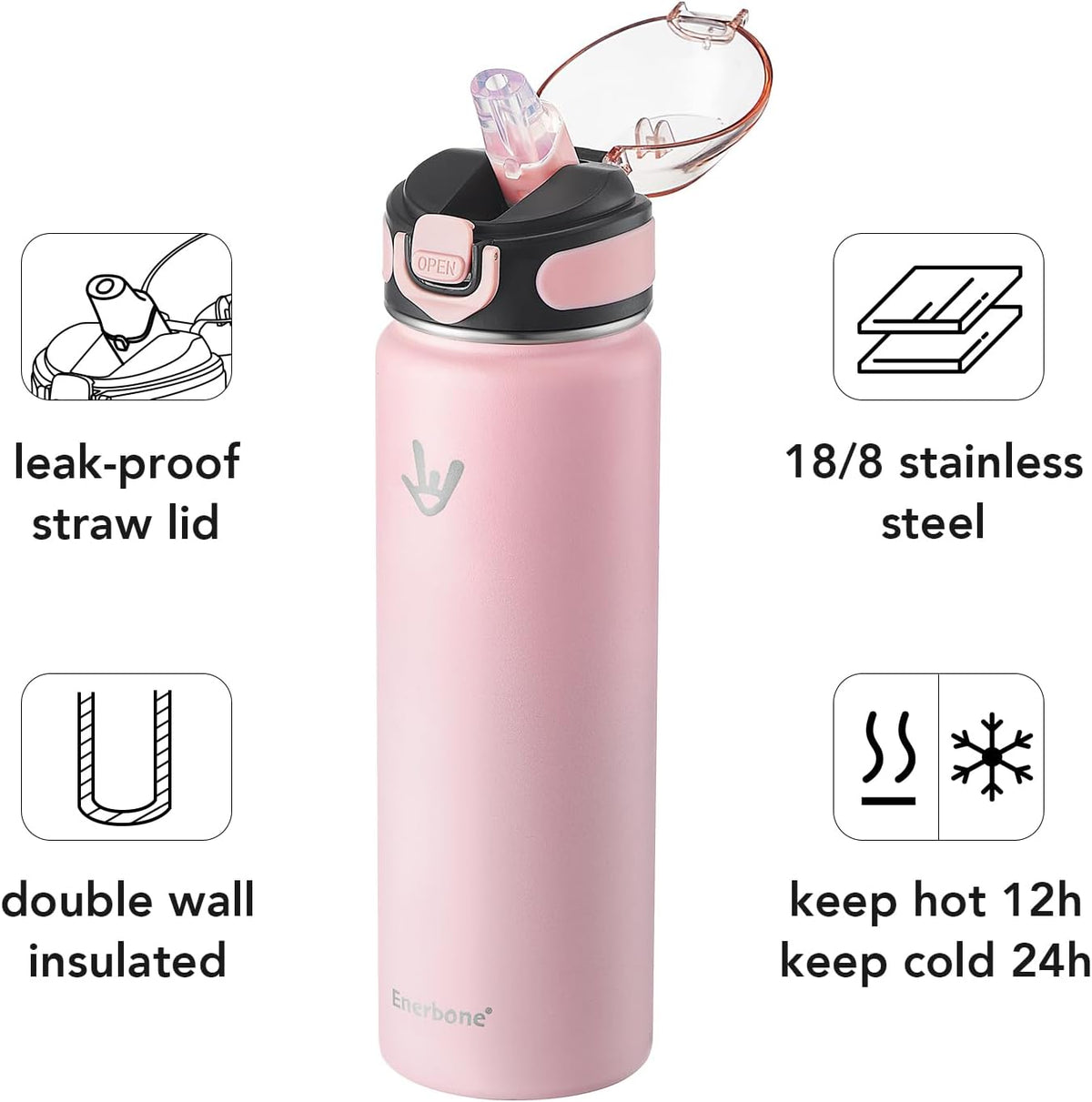 32 oz Insulated Water Bottle, Stainless Steel Bottle with Carrying Strap, Double-Wall Vacuum Insulation Design, Leakproof Sports Bottle with Straw, Keep Drinks Cold or Hot for Hours