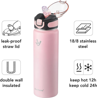 32 oz Insulated Water Bottle, Stainless Steel Bottle with Carrying Strap, Double-Wall Vacuum Insulation Design, Leakproof Sports Bottle with Straw, Keep Drinks Cold or Hot for Hours