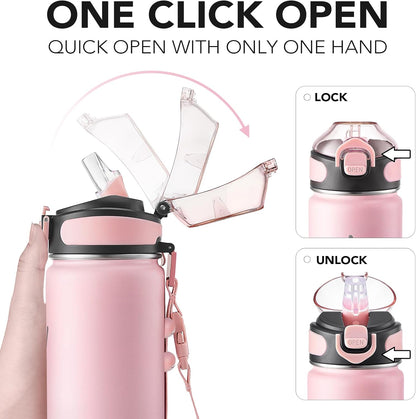 32 oz Insulated Water Bottle, Stainless Steel Bottle with Carrying Strap, Double-Wall Vacuum Insulation Design, Leakproof Sports Bottle with Straw, Keep Drinks Cold or Hot for Hours