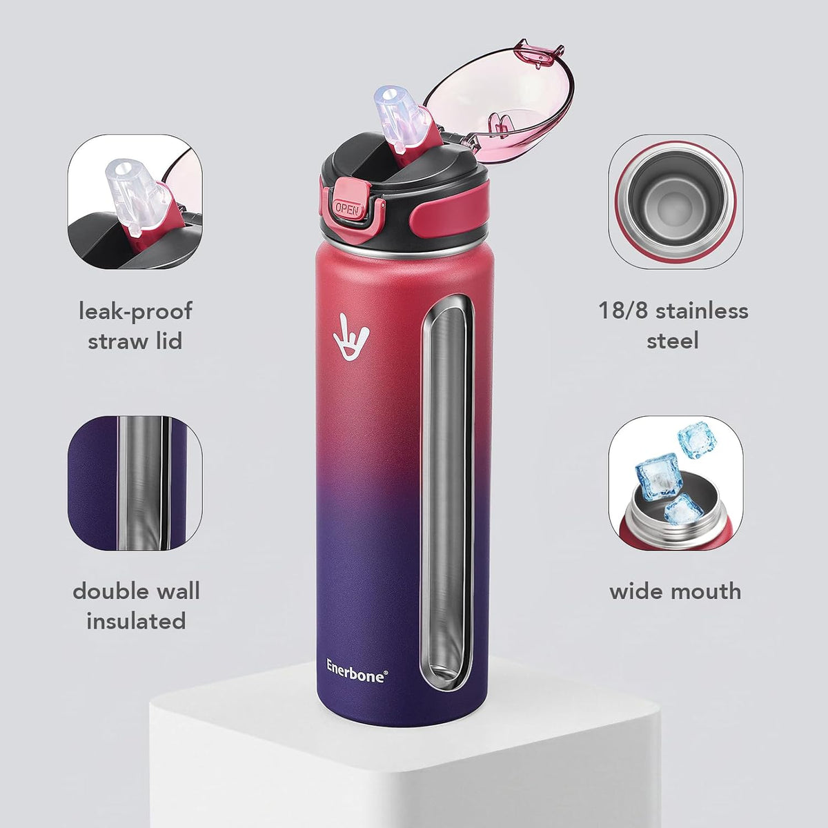 32 oz Insulated Water Bottle, Stainless Steel Bottle with Carrying Strap, Double-Wall Vacuum Insulation Design, Leakproof Sports Bottle with Straw, Keep Drinks Cold or Hot for Hours