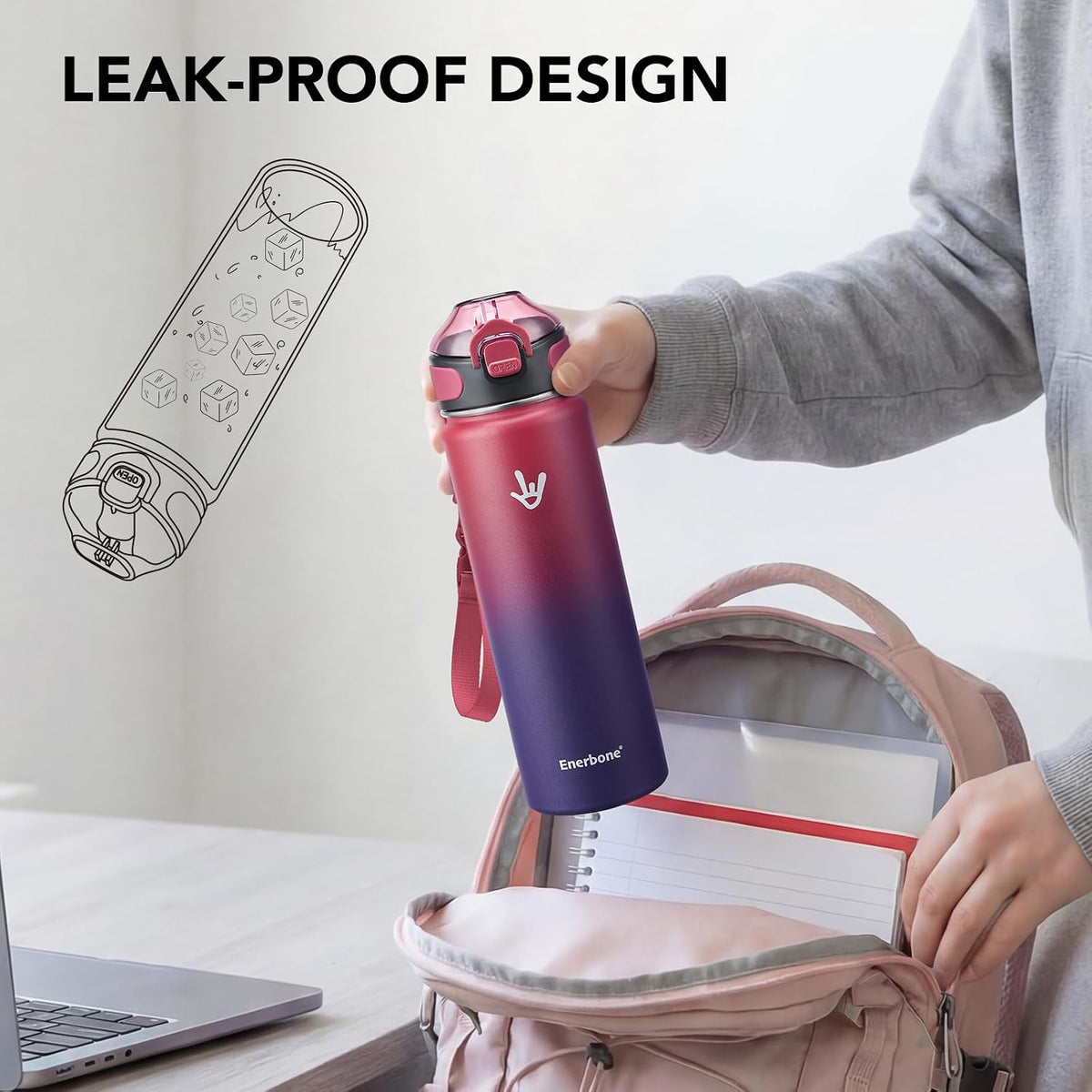 32 oz Insulated Water Bottle, Stainless Steel Bottle with Carrying Strap, Double-Wall Vacuum Insulation Design, Leakproof Sports Bottle with Straw, Keep Drinks Cold or Hot for Hours