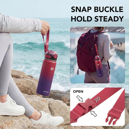 32 oz Insulated Water Bottle, Stainless Steel Bottle with Carrying Strap, Double-Wall Vacuum Insulation Design, Leakproof Sports Bottle with Straw, Keep Drinks Cold or Hot for Hours