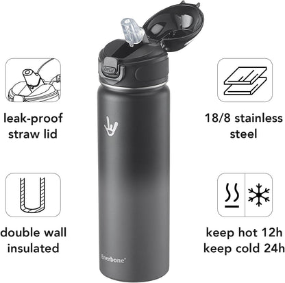 32 oz Insulated Water Bottle, Stainless Steel Bottle with Carrying Strap, Double-Wall Vacuum Insulation Design, Leakproof Sports Bottle with Straw, Keep Drinks Cold or Hot for Hours