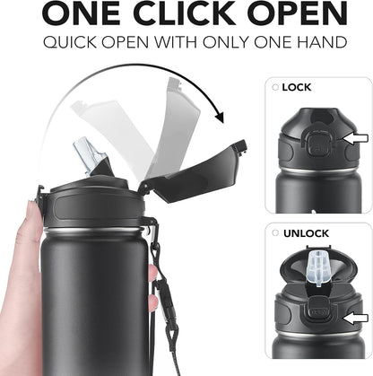32 oz Insulated Water Bottle, Stainless Steel Bottle with Carrying Strap, Double-Wall Vacuum Insulation Design, Leakproof Sports Bottle with Straw, Keep Drinks Cold or Hot for Hours