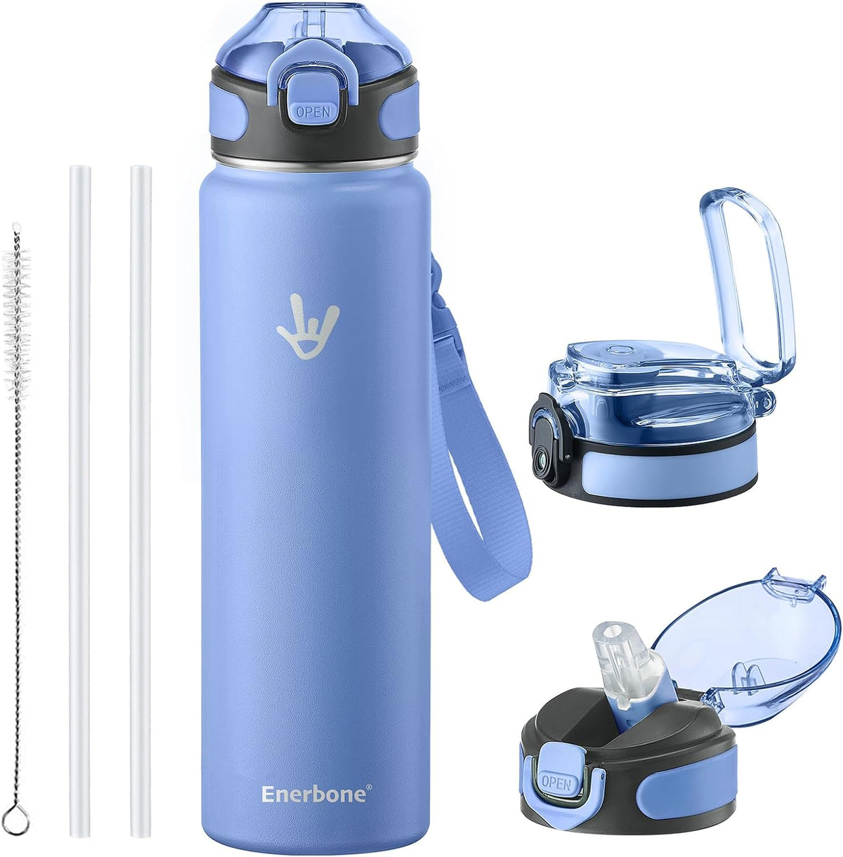 32 oz Insulated Water Bottle, Stainless Steel Bottle with Carrying Strap, Double-Wall Vacuum Insulation Design, Leakproof Sports Bottle with Straw, Keep Drinks Cold or Hot for Hours