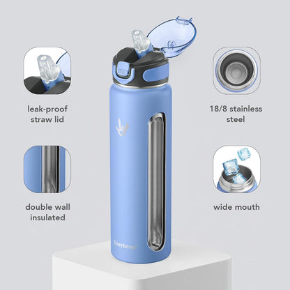32 oz Insulated Water Bottle, Stainless Steel Bottle with Carrying Strap, Double-Wall Vacuum Insulation Design, Leakproof Sports Bottle with Straw, Keep Drinks Cold or Hot for Hours