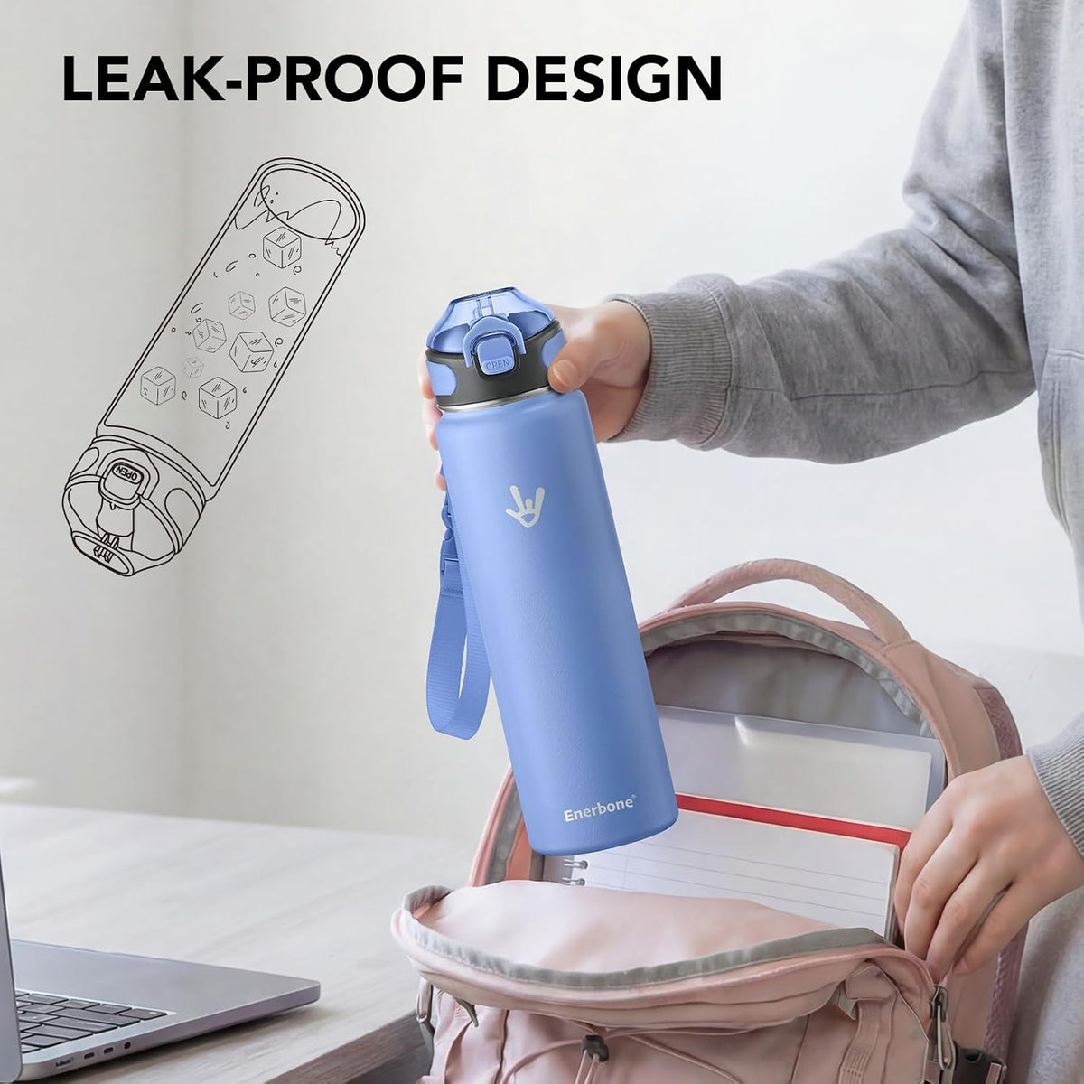 32 oz Insulated Water Bottle, Stainless Steel Bottle with Carrying Strap, Double-Wall Vacuum Insulation Design, Leakproof Sports Bottle with Straw, Keep Drinks Cold or Hot for Hours