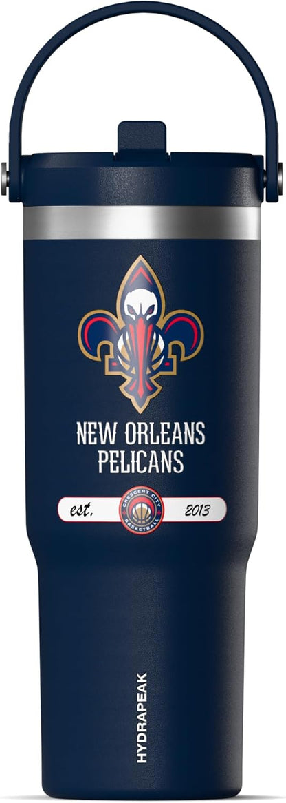 NBA Officially Licensed New Orleans Pelicans Nomad 32oz Insulated Stainless Steel Leakproof Travel Tumbler with Flexible Grip Handle, Straw Lid & Cupholder Friendly Design