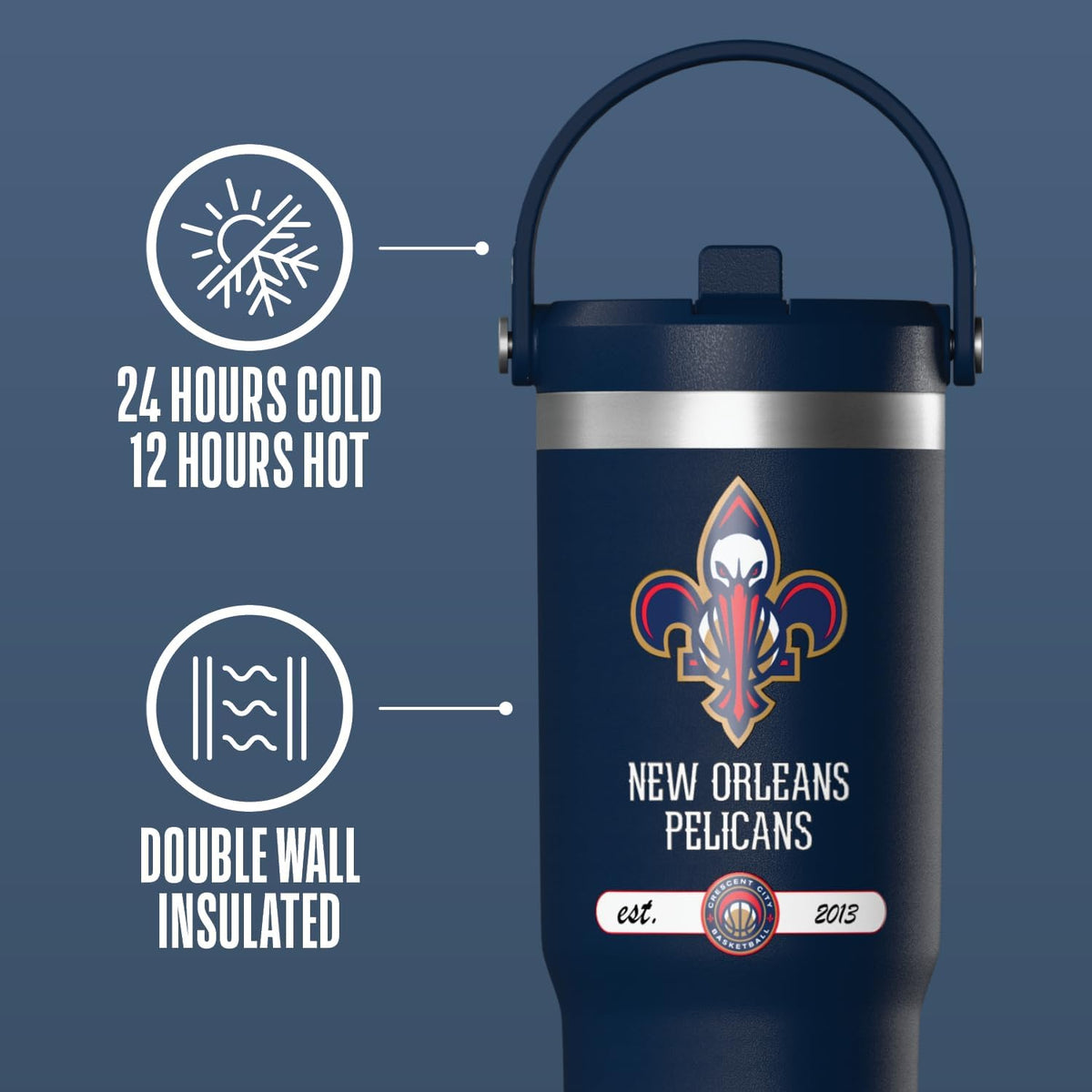 NBA Officially Licensed New Orleans Pelicans Nomad 32oz Insulated Stainless Steel Leakproof Travel Tumbler with Flexible Grip Handle, Straw Lid & Cupholder Friendly Design