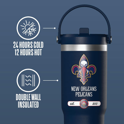NBA Officially Licensed New Orleans Pelicans Nomad 32oz Insulated Stainless Steel Leakproof Travel Tumbler with Flexible Grip Handle, Straw Lid & Cupholder Friendly Design