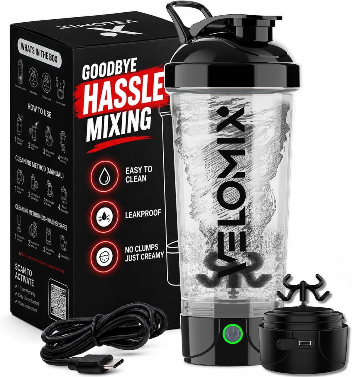 24oz Electric Protein Shaker Bottle for Protein Mixes, Transparent