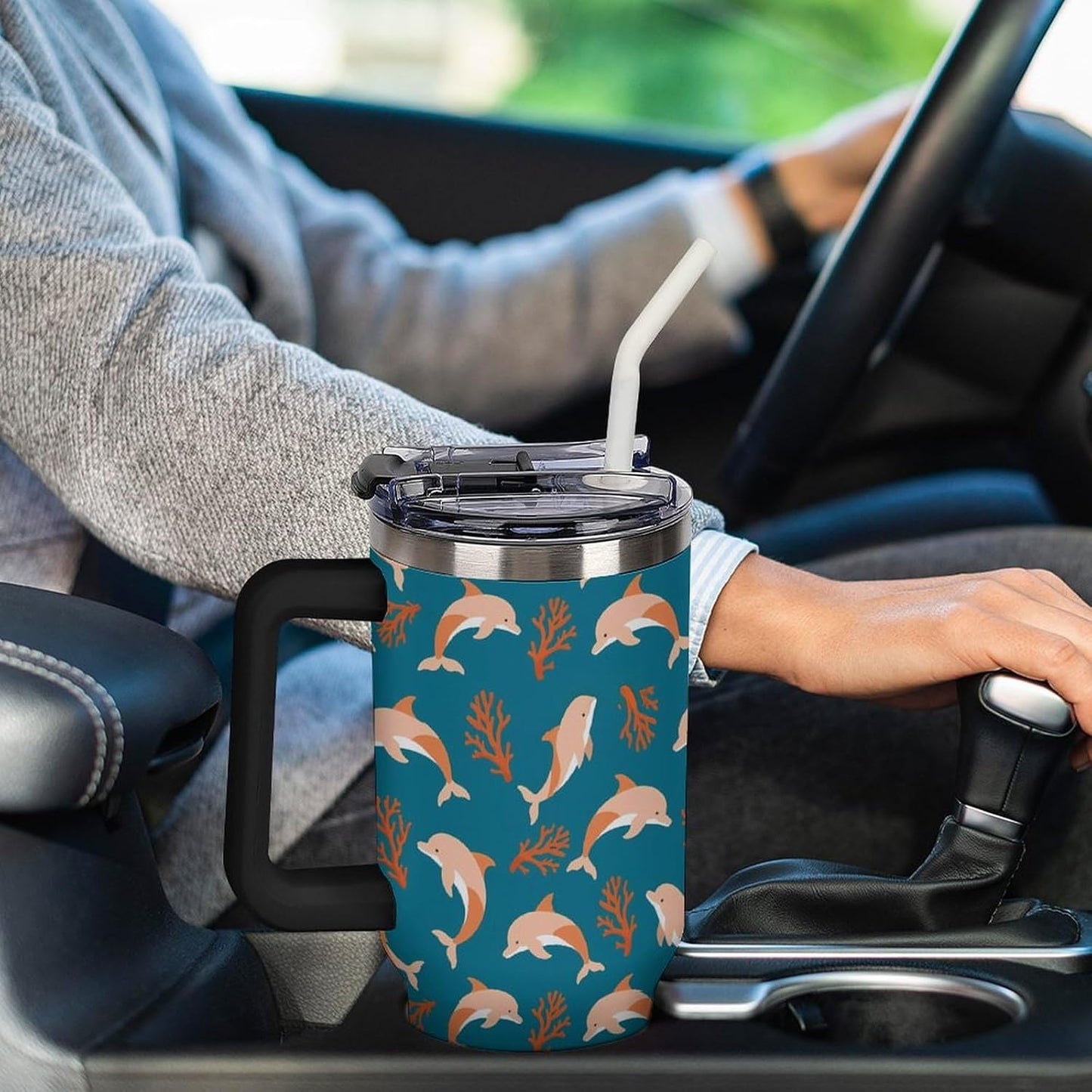 Leakproof Car Cup Vacuum Sealed With Lid For Office Crystal Clear Blue Water Ripple Print Drinkware Light Rose Red-style-5 - Colors G