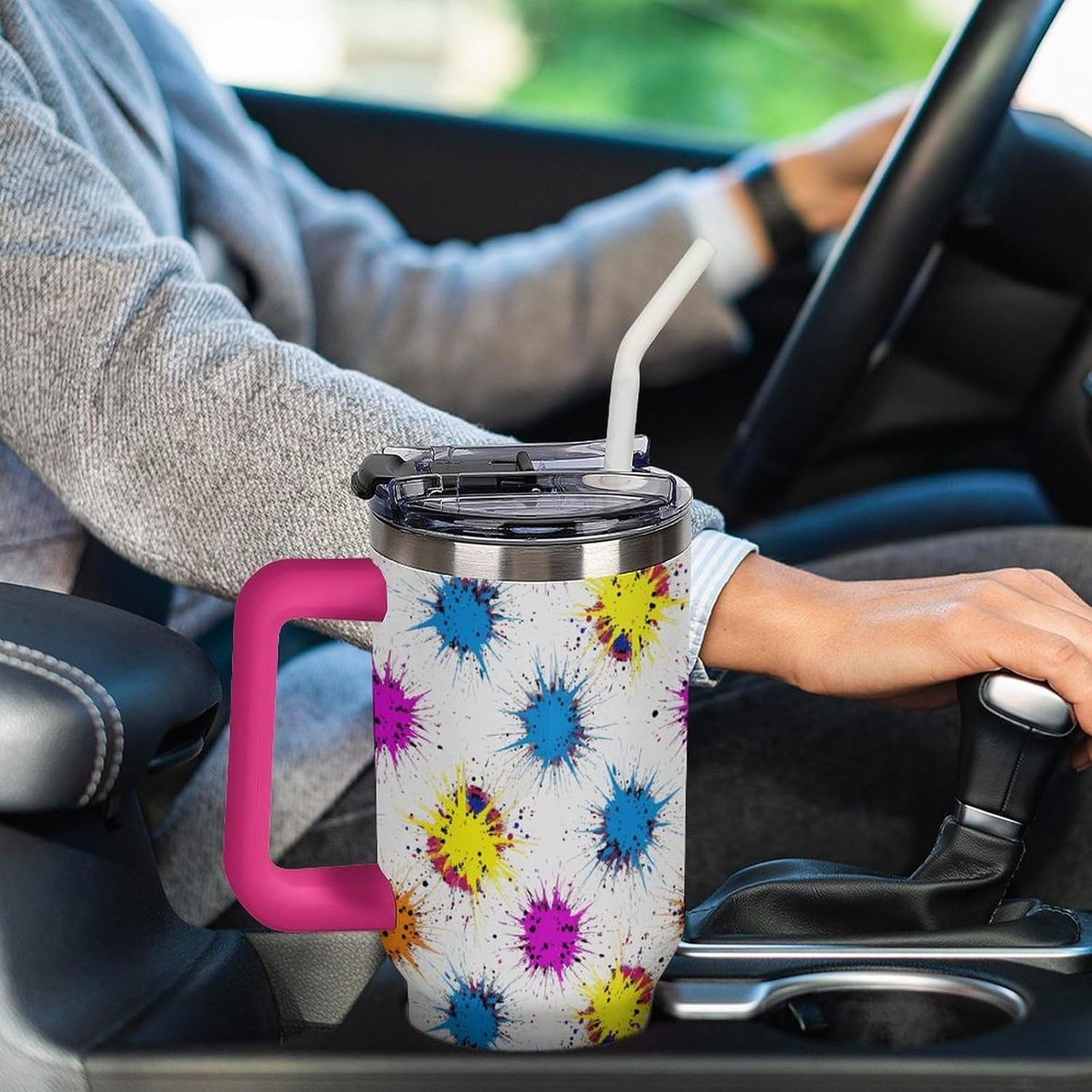 Leakproof Car Cup Vacuum Sealed With Lid For Office Crystal Clear Blue Water Ripple Print Drinkware Light Rose Red-style-5 - Colors G