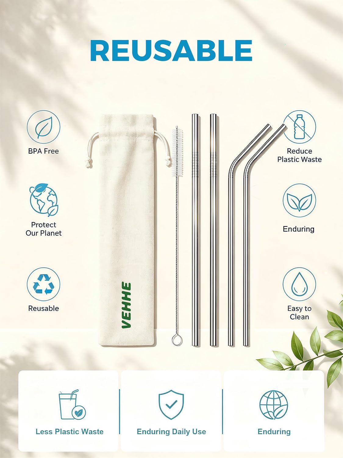 Metal Straws, Stainless Steel Reusable Straws Set (2 Straight|2 Bent)