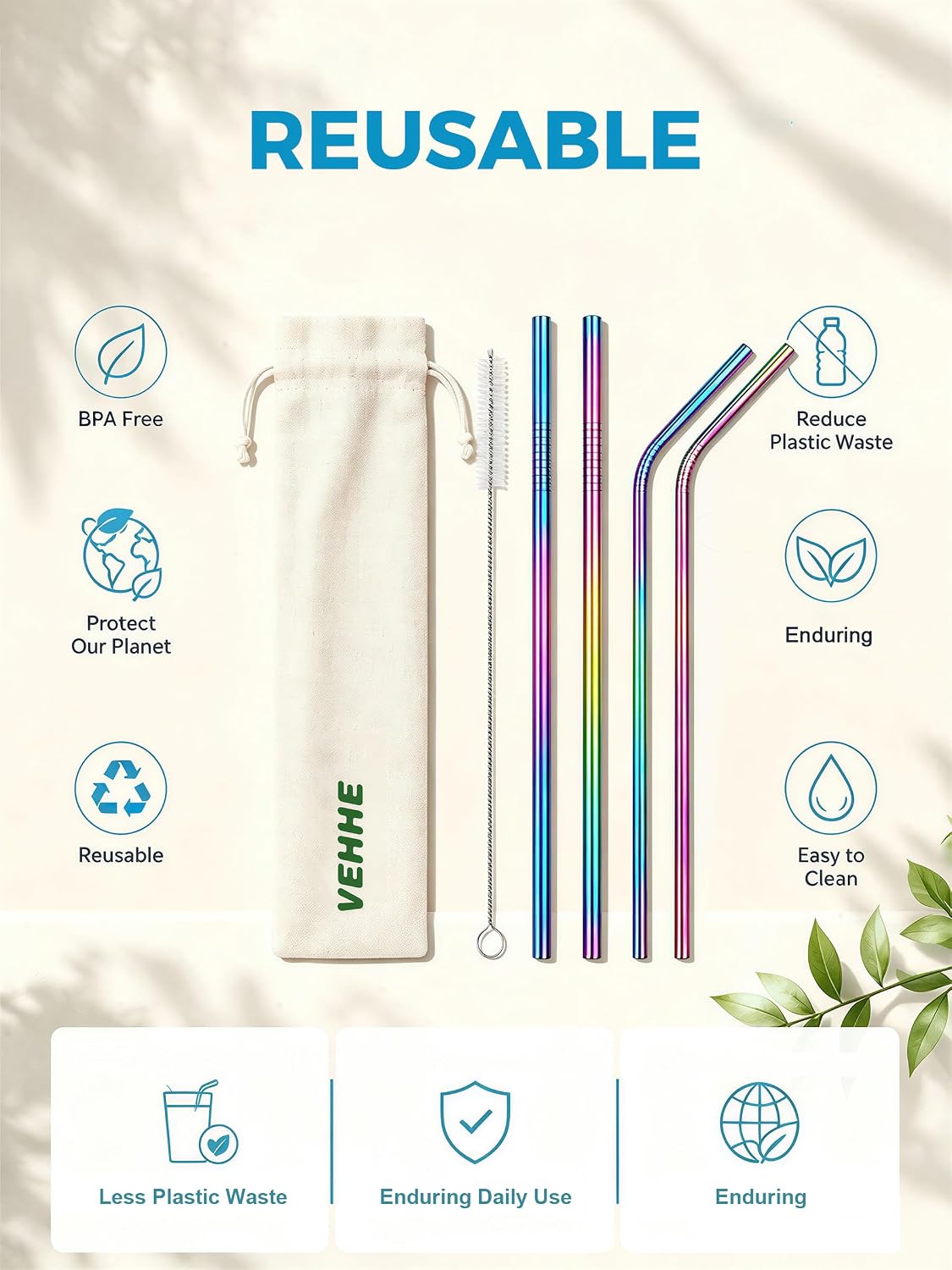 Metal Straws, Stainless Steel Reusable Straws Set (2 Straight|2 Bent)
