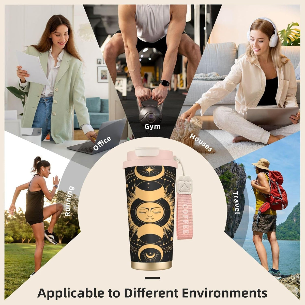 Insulated Coffee Mug,Sun & Moon With Stars Celestial Arts Double Wall Vacuum Cup With Straw & Leak Proof Lidd,Stainless Steel Tumbler Cup For Travel Party Office Camping Houses
