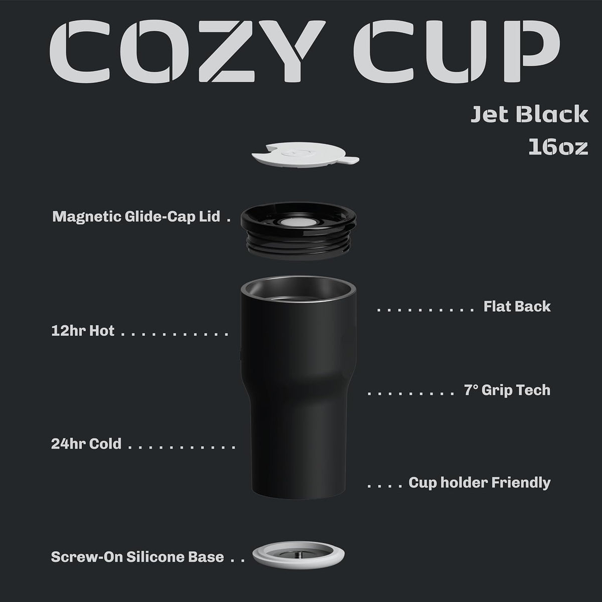 16oz Stainless Steel Tumbler Water Bottle - Spill-Proof Screw-On Lid, Insulated, Straw Compatible, BPA-Free - 12hr Hot/24hr Cold, Fits Cup Holders - Jet Black