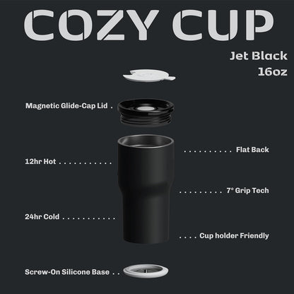 16oz Stainless Steel Tumbler Water Bottle - Spill-Proof Screw-On Lid, Insulated, Straw Compatible, BPA-Free - 12hr Hot/24hr Cold, Fits Cup Holders - Jet Black