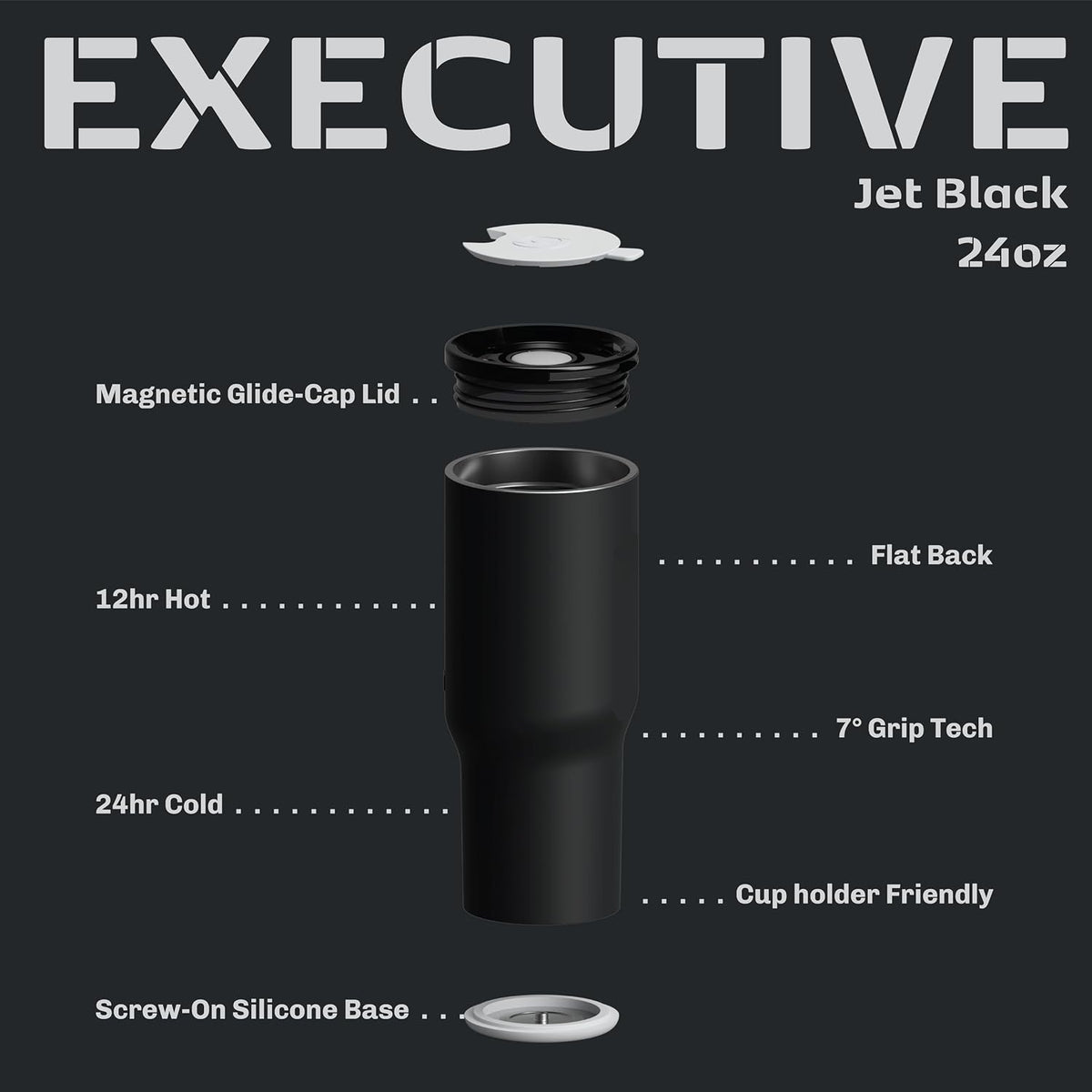 16oz Stainless Steel Tumbler Water Bottle - Spill-Proof Screw-On Lid, Insulated, Straw Compatible, BPA-Free - 12hr Hot/24hr Cold, Fits Cup Holders - Jet Black
