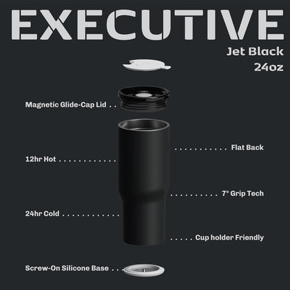 16oz Stainless Steel Tumbler Water Bottle - Spill-Proof Screw-On Lid, Insulated, Straw Compatible, BPA-Free - 12hr Hot/24hr Cold, Fits Cup Holders - Jet Black
